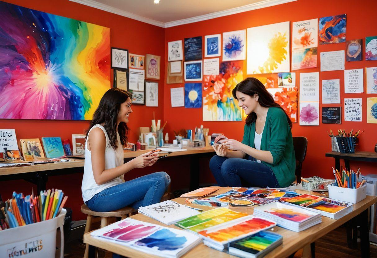A warm and inviting scene depicting two people collaborating on a creative project, surrounded by vibrant art supplies and inspiring quotes on the walls. The interaction showcases genuine excitement and passion, with bright colors flowing from the artwork they create together. The background features a sunlit studio, enhancing a sense of connection and partnership. vibrant colors. cozy atmosphere. painting.