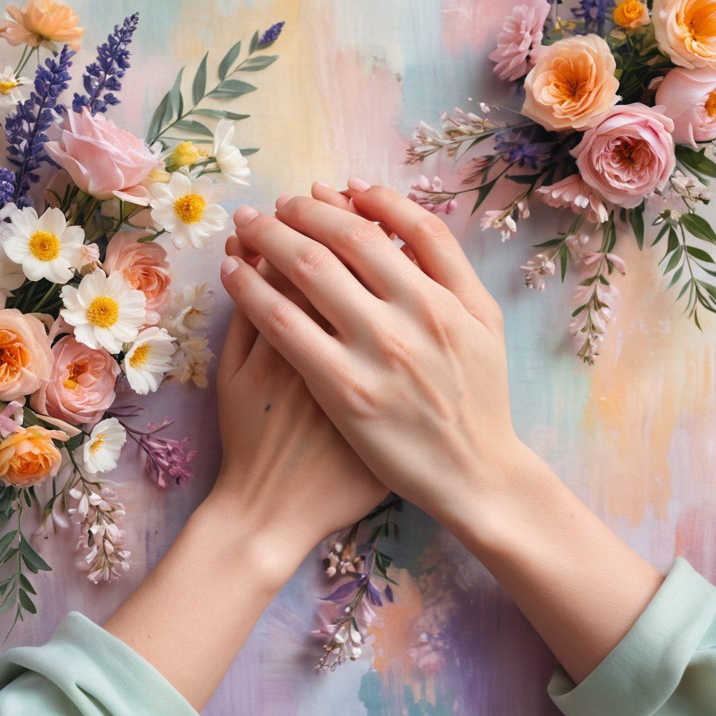 A close-up of two hands intertwined, surrounded by soft pastel colors and delicate flowers symbolizing love and intimacy. In the background, subtle silhouettes of a couple sharing a warm moment, embodying connection and devotion. The overall composition is gentle, evoking feelings of warmth and tenderness. soft focus. painting. vibrant colors.