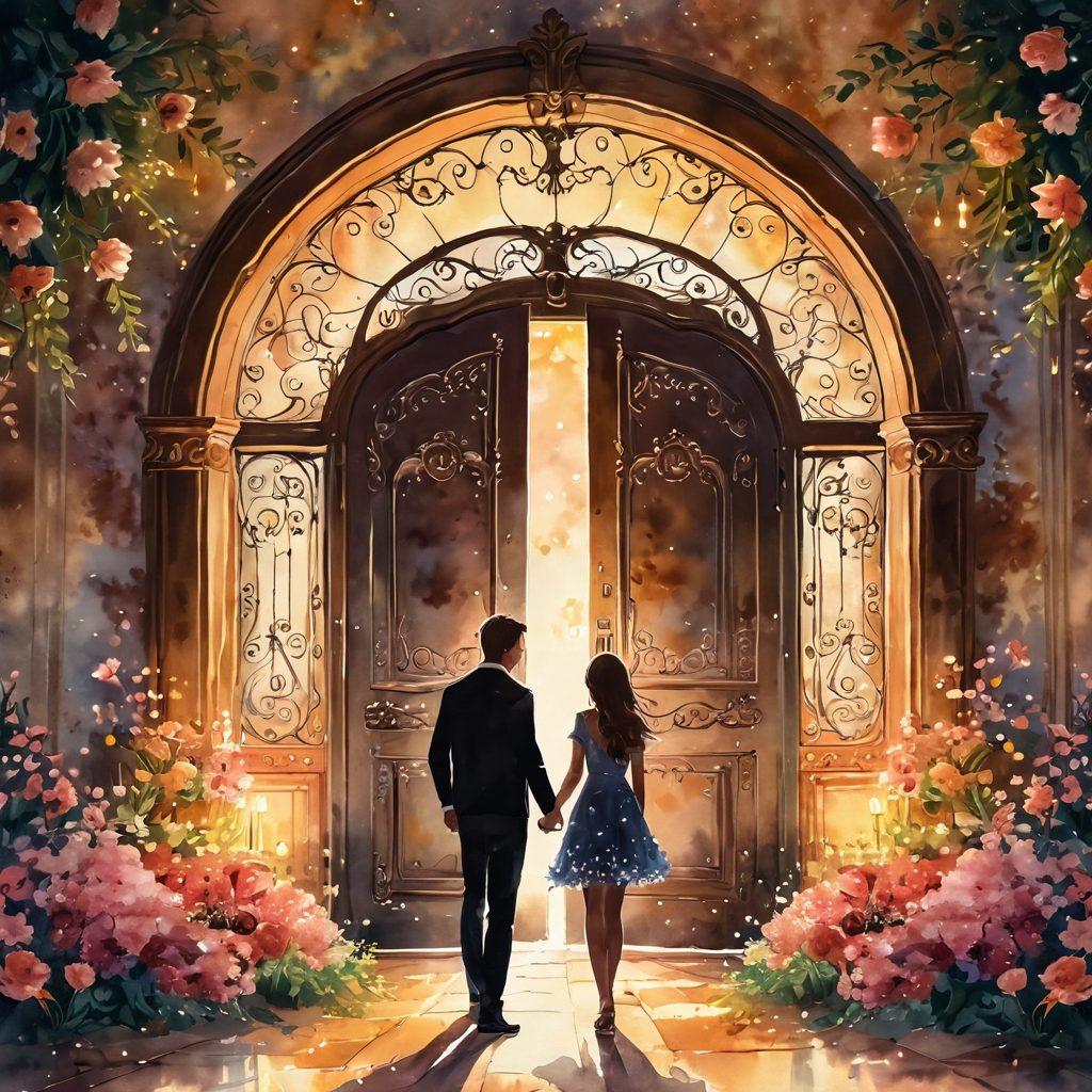 A heart-shaped key unlocking a beautiful ornate door, surrounded by blooming flowers and twinkling fairy lights. In the foreground, a silhouette of a couple holding hands, gazing at the door with hope and excitement. Soft, romantic lighting with a warm color palette to evoke feelings of love and connection. watercolor painting style.